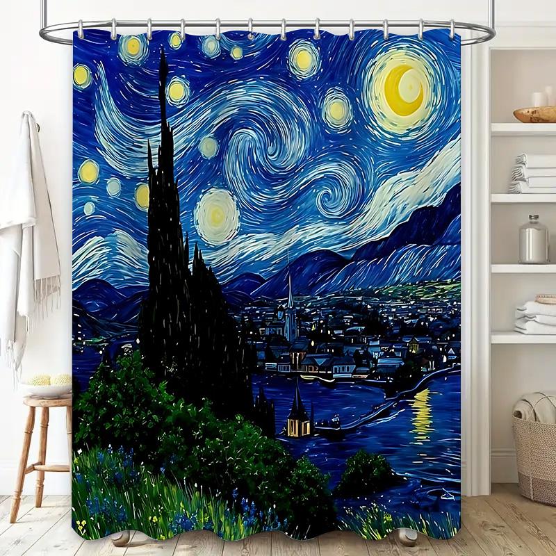 

Van Gogh Starry Night Art Bath Curtain Waterproof Mildew Proof Polyester For Bathroom Decor Suitable For Wet And Dry Separation W60H190(CM)-1 Pcs