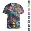 Women’s V Neck Short Sleeve Printed Scrub Top with Pocket Butterfly Pattern Lightweight Work Shirt Comfortable Fit