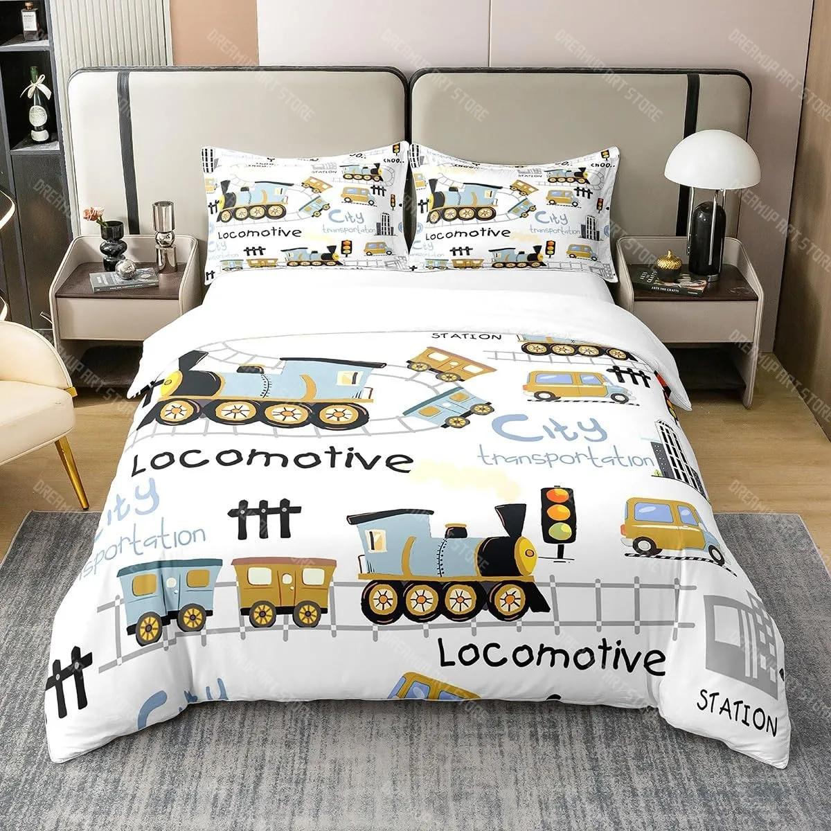 Cartoon Trein Dekbedovertrek Set Zwarte Treinen Beddengoed Set Jongens Tieners Mannen Slaapkamer Enkel Dubbel Dekbedovertrek Decor Dekbedovertrekken EU Single 90x200cm