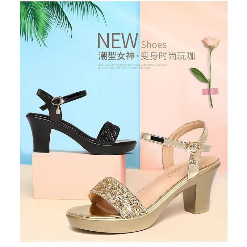 

High-heeled sandals women s new summer temperament one-word buckle sandals women s thick-heeled model catwalk women s shoes 40