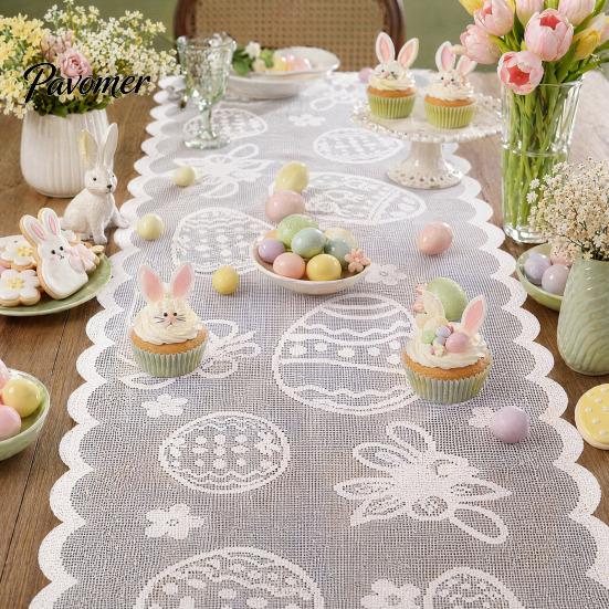 Easter Bunny Table Decoration Lace Runners, 72 Inch Spring Eggs Runner, Family Dining Runner Decorations for Home Room, Party and Supplies Soft Fabric