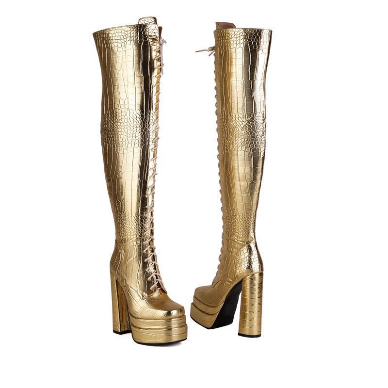 Women Autumn Winter Lace-Up Long Boots for Woman Round Toe Crude Heels Over The Knee Botas Mujer Party Platform Shoes