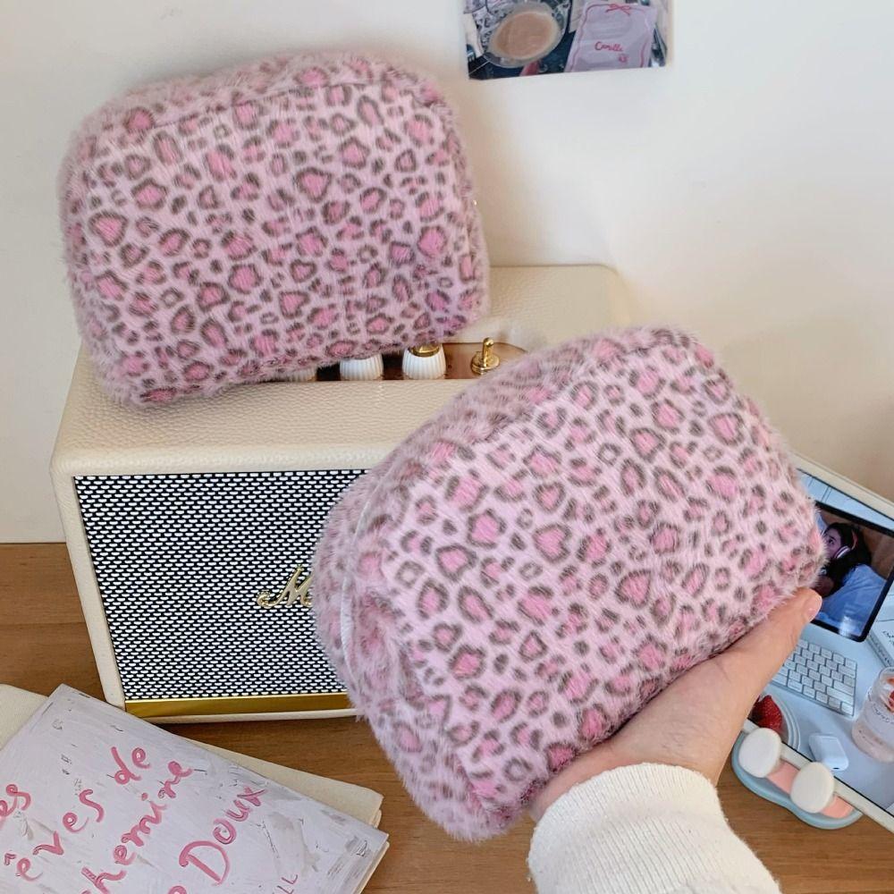 Durable Multi-functional Fuzzy Makeup Bag Leopard Print Large Capacity Toiletry Organizer Portable Travel Storage Pouch Girls