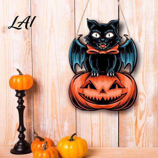 Festive Wooden Wall Hanging Halloween Door Sign Black Cat Bat Pumpkin Plaque with Rustic Sign Jute Rope Farmhouse Front Porch Indoor Outdoor