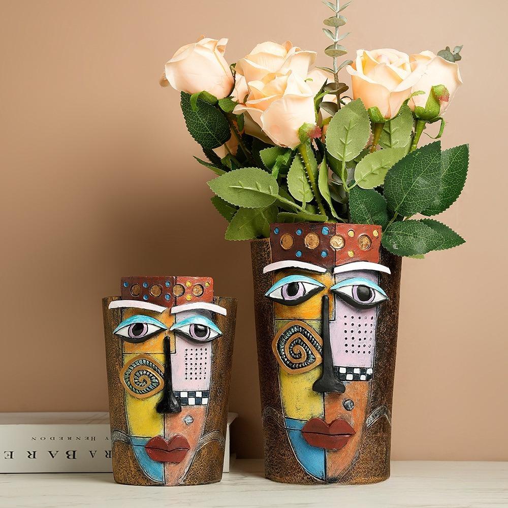 Resin Abstract Art Painted Flower Pot Colorful Figures Facial Sculptures Human Face Flower Pots Maya Statue Home Decoration