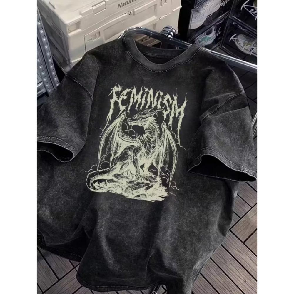Vintage Y2K Spłowiony T-shirt z Nadrukiem Smoka Gotycki Graficzny Smok Unisex Oversize z Okrągłym Dekoltem Krótki Rękaw do Codziennego Noszenia