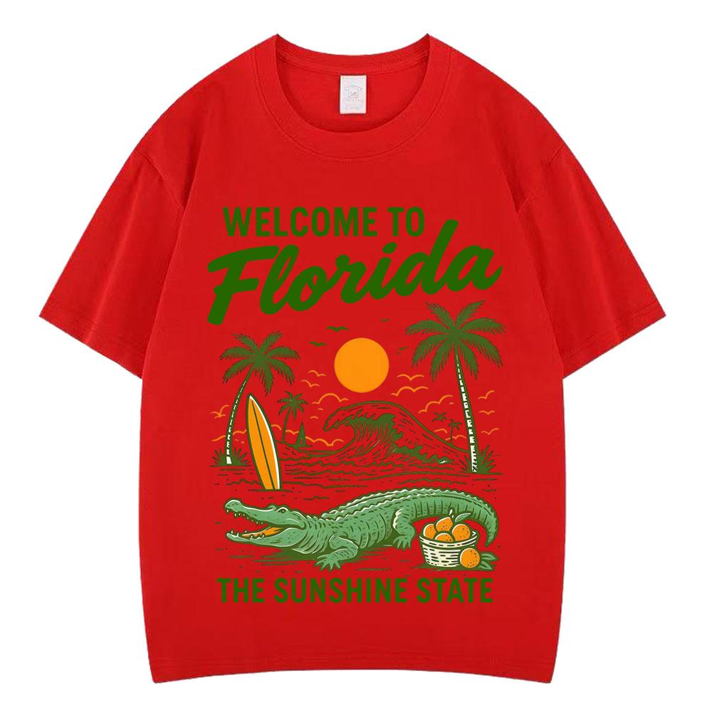Welcome To Florida Sunshine State Tropical Vacation Funny Dinosaur Meme Tshirt Loose Casual Men Women Tshirt Hiphop Tshirts S