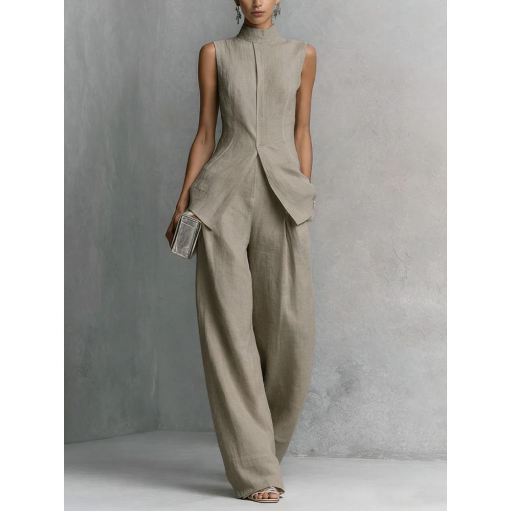 Europe, America, drape cotton and linen shirt solid color fashion temperament sleeveless trousers suit