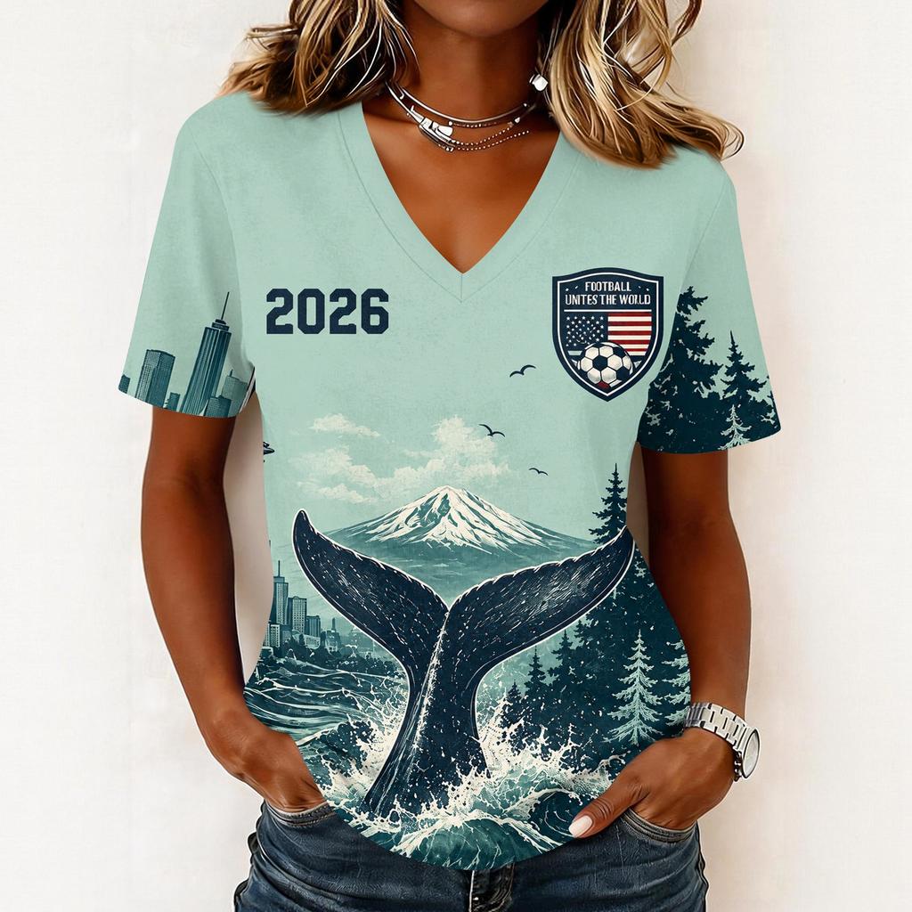 Women's Casual Short Sleeve V-Neck T-Shirt with Soccer Flag Print for Day Fan Wear
