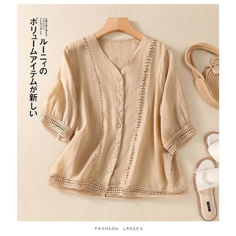 Women's White V-Neck Half-Sleeve Blouse Lace Trim Button Front Loose Casual Chiffon Shirt
