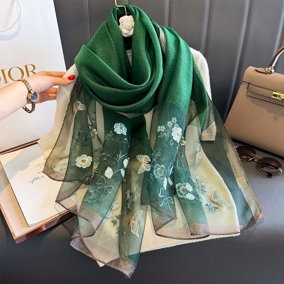 Luxe Zijden Sjaal Scarf Voor Vrouwen Design Borduurwerk Bloemen Hijab Wraps Bufandas Vrouwen Hoofddoek Fouloud Echarpe One Size black