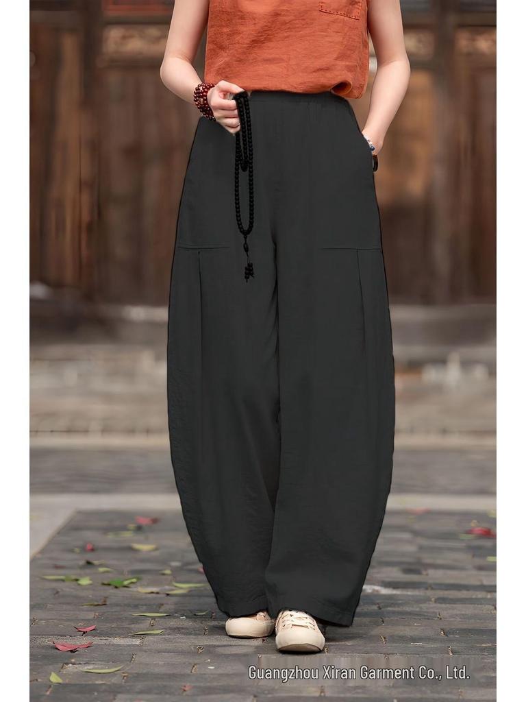 2026 Spring/Summer Women's Cotton Linen Lantern Pants - Artistic Retro Casual Long Pants with Sand Washed Ramie