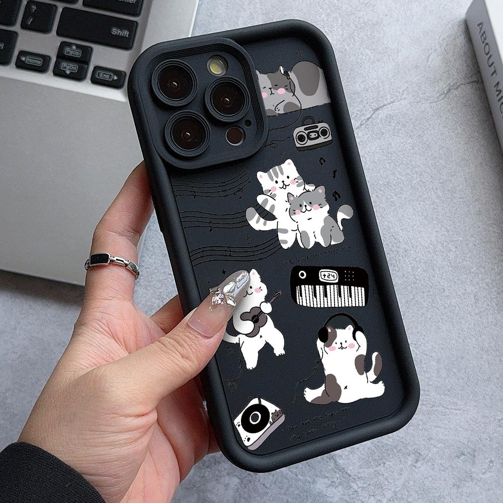 Happy Kitty Musician Protective Funda Phone Cases For iPhone 17 16 15 13 12 11 ProMax Pro Plus Shockproof coque phone Bumper