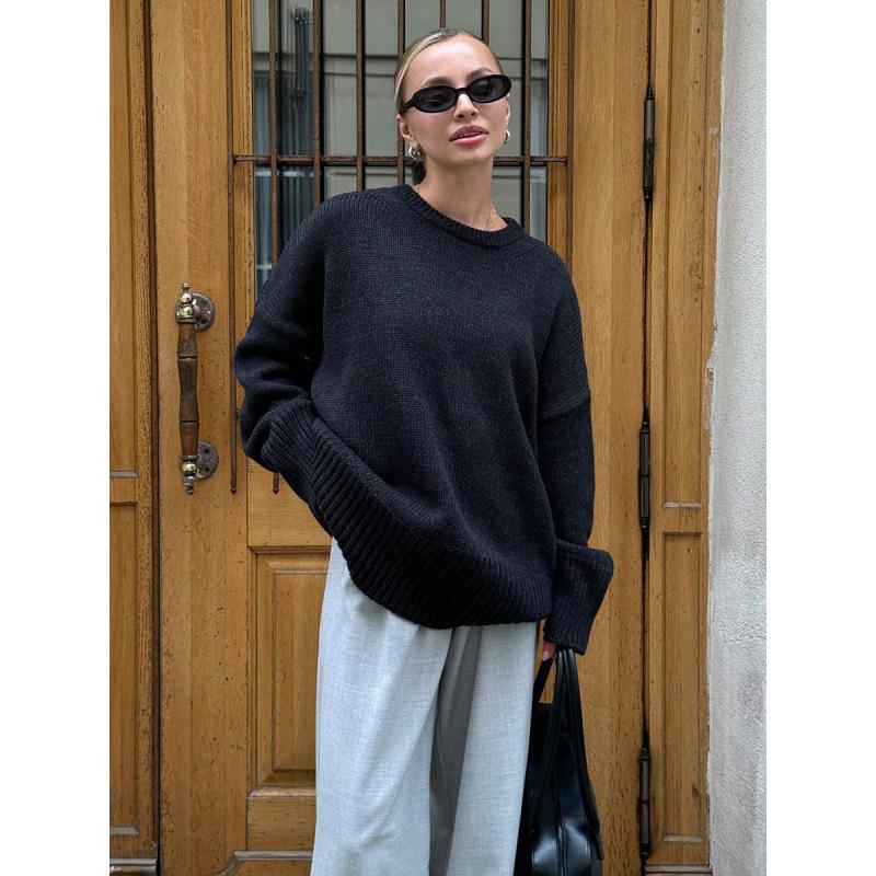 Tooxika Ladies Осень и зима Новый однотонный универсальный повседневный ленивый пуловер вязаный свитер с круглым вырезом L чёрный