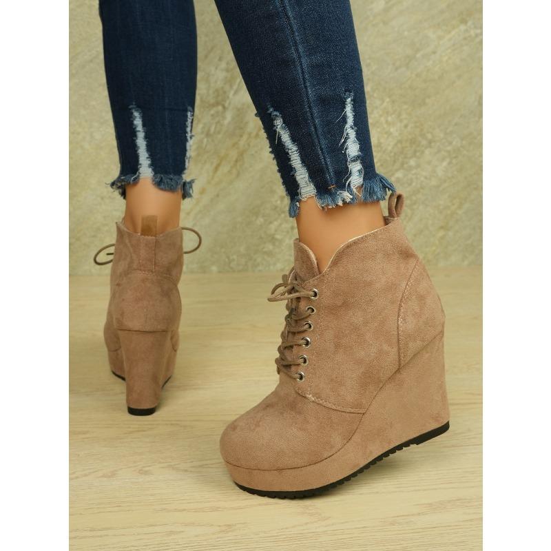 European and American Large Size Suede Lace-up Wedge Heel and Naked Short Boots Women's Winter Velvet Warm Wedge Heel Martin Boots