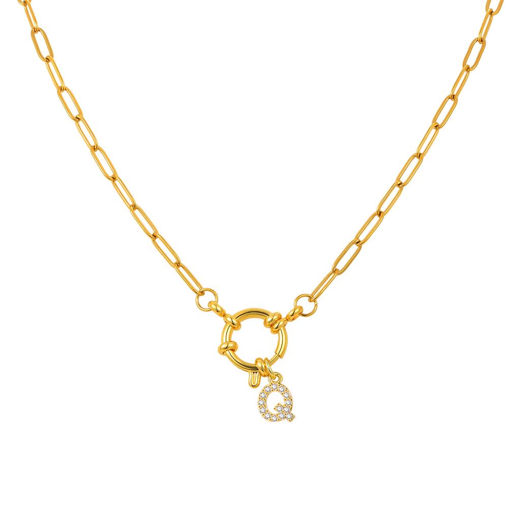 Stainless Steel Plated 18K Gold Stylish Simple Small Square Chain Bubble Buckle Copper 26 Letter Necklace Nc-1887