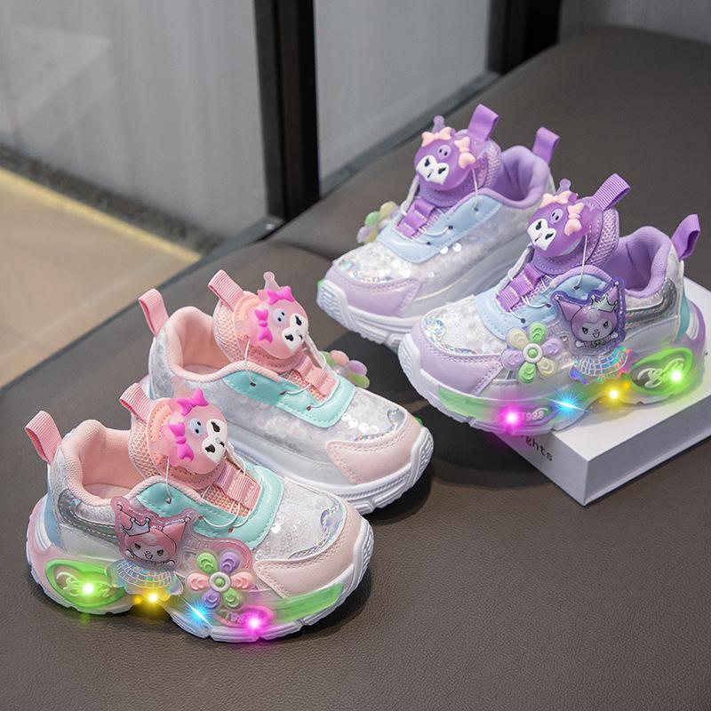 Girl's New Model Rotating Buckle Sports Shoes with Breathable Lights and Dad-style Design