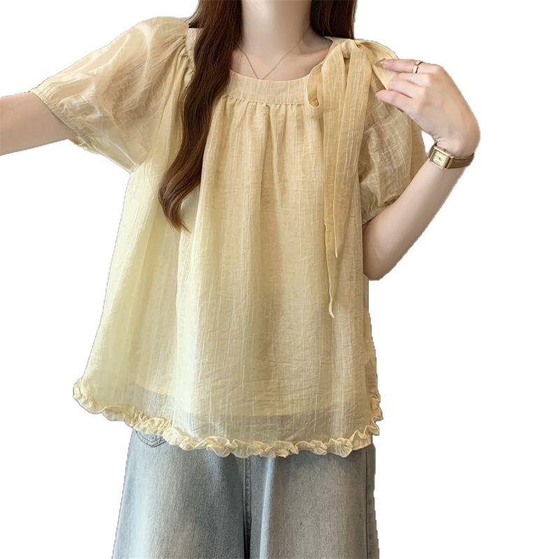 Large Size Bow Chiffon Short-sleeved Shirt Women's Summer New Fat Mm Fungus Edge Hem Doll Shirt Top