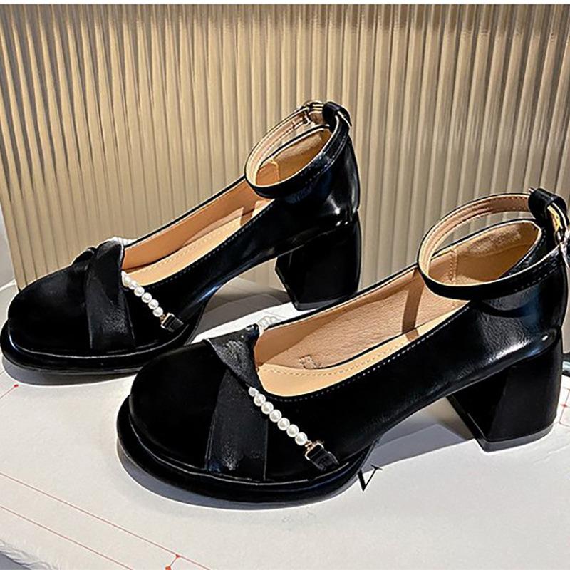 French Mary Janes High Heels Women's Chunky Heeled Shoes Comfortable Daily Wear Leather Single Shoes Beige Black Pumps