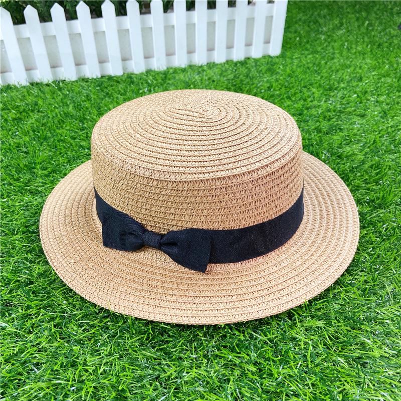 Korean Style Women's Straw Sun Hat with Flat Brim and Bow – Trendy Summer Beach Hat for Sun Protection