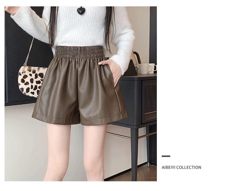 Women's High-Waist Black Leather Shorts: Small, Wide-Leg, Casual Autumn/Winter Base Layer.