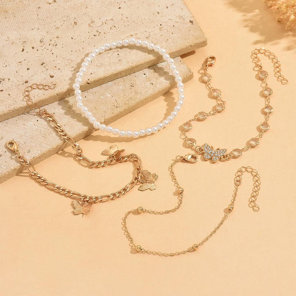 Hot Sales Zinc Alloy 4pcs/set Butterfly Waterproof Anklets Gold Plated ABS Imitation Pearl Iron Foot Chain for Summer Gift Women