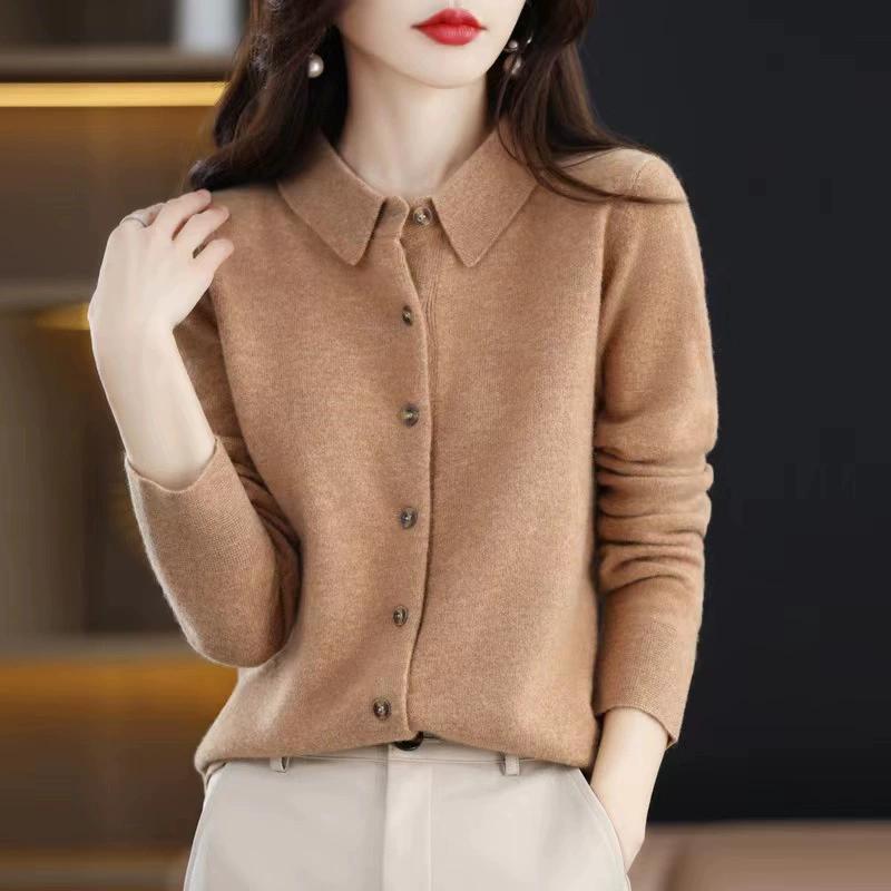 Spring and Autumn Polo Collar Knitted Shirt Paired with Loose Long Sleeved Sweater, Non Cashmere Cardigan, and Stylish Turtleneck Jacket