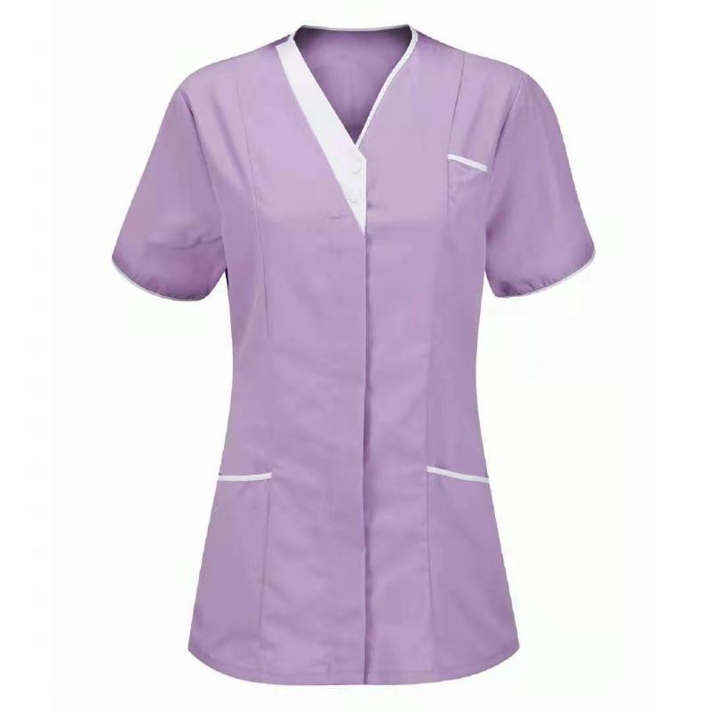 Women Solid Color Short-Sleeve V-neck Top Nurse Work Uniform Pocket Top