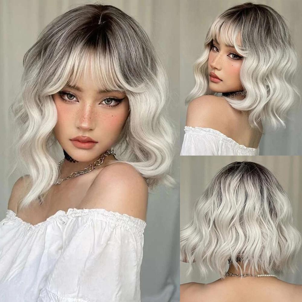 Short Wavy Honey Brown Copper Synthetic Wigs with Bangs Cosplay Bob Wig for Women Afro Daily Natural Heat Resistant Hair