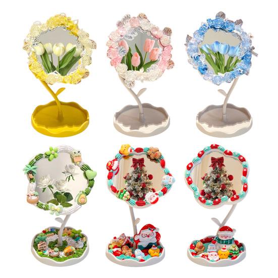 DIY Handmade Flower Desk Mirror with Storage Tray Rotatable Desktop Vanity Mirror Multi-purpose Women Makeup Table Mirror Jewelry Organizer