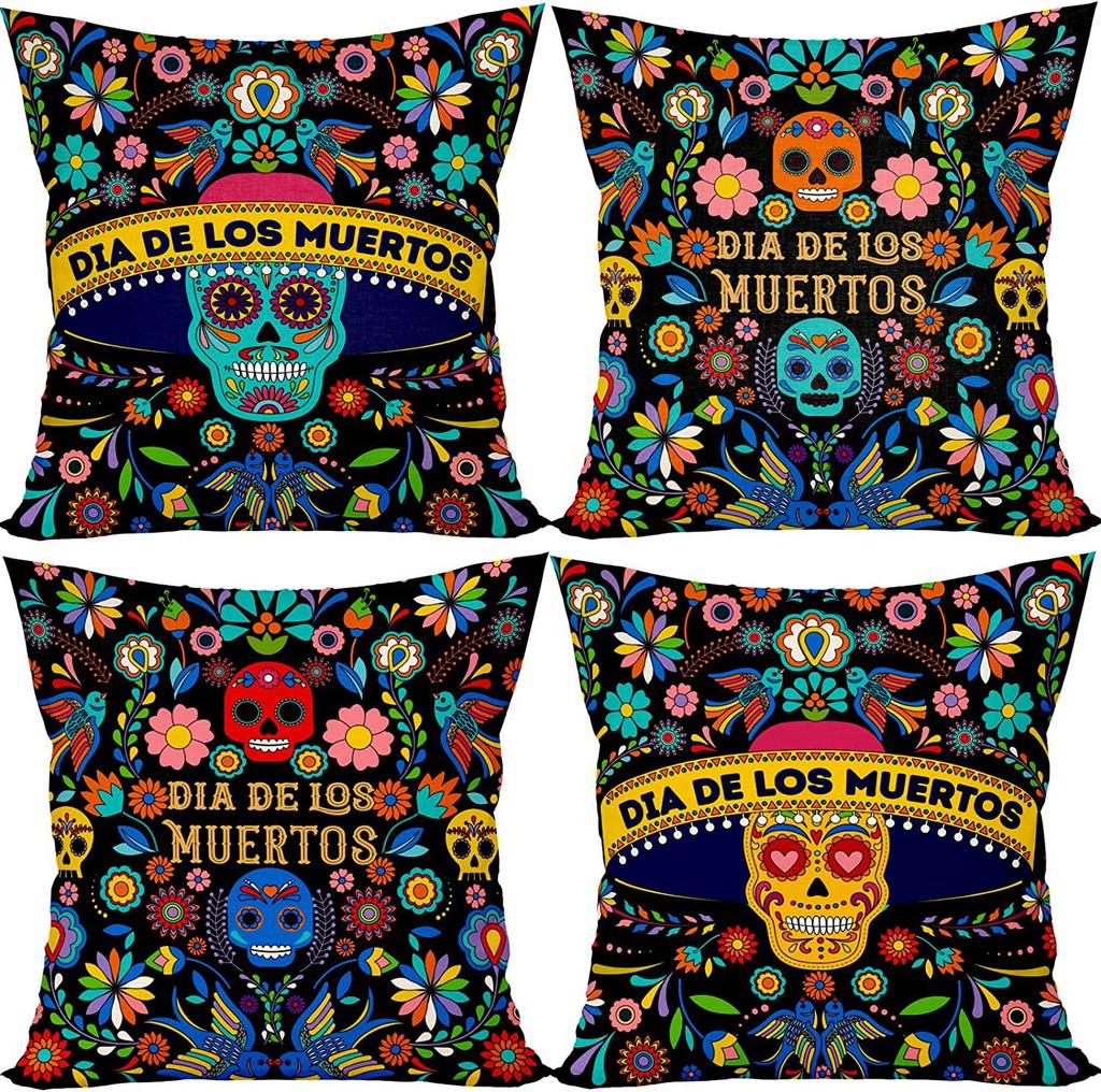 Halloween Pillowcase Skeleton Witch Pattern Line Print Bedroom Living Room Decoration Pillowcase