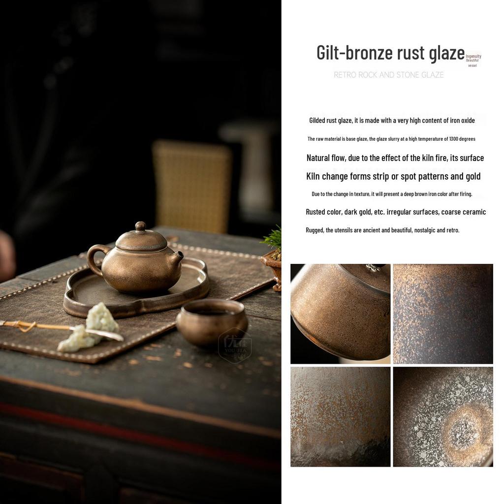 2026 New Style Gilded Rust Glaze Ceramic Teapot Kung Fu Tea Set for One – Includes One Pot and One Cup