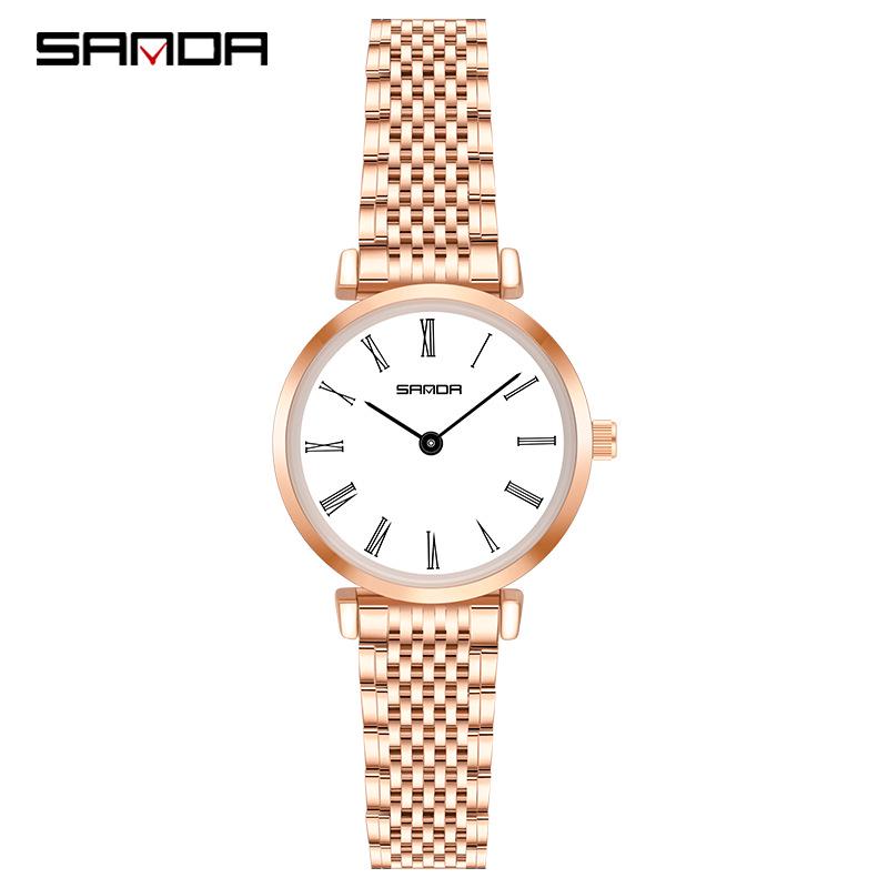 Sanda Trendy Diamond Roman Numeral Couple Watches - Steel Band, Waterproof Women's Wristwatch