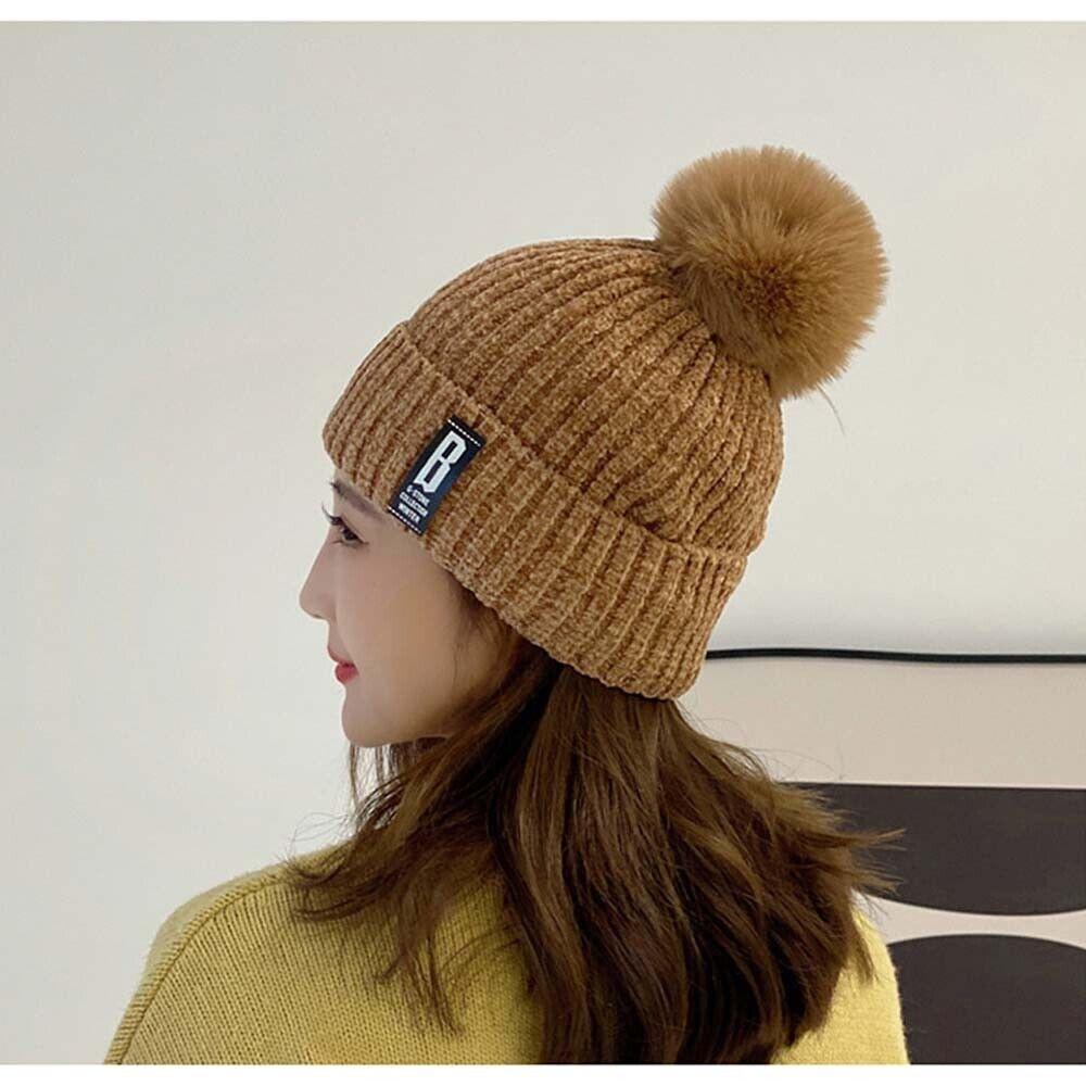 Knitted Bobble Hat Ladies Kids Beanie Warm Winter Pom-Pom Woolly Matching Cap