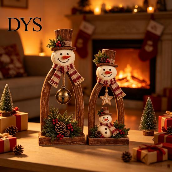 Handcrafted Wood Snowmen 2Pcs Rustic Wooden Snowman Tabletop Decor, Vintage Christmas Farmhouse Decorations Figurine, Holiday Centerpiece for