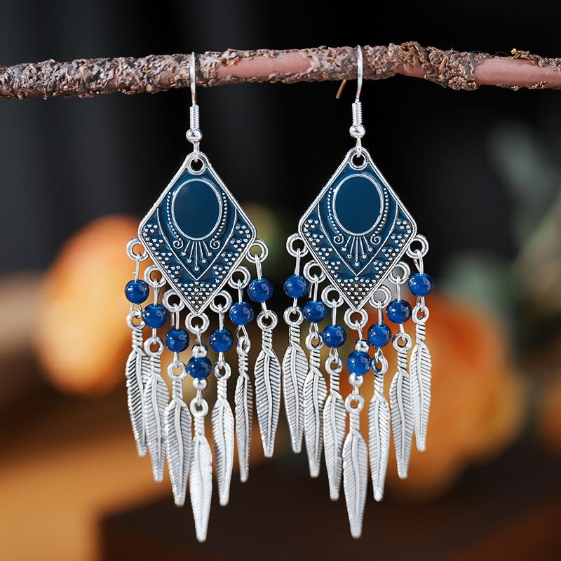Fashion Vintage Bohemian Leaf Tassel Drop Dangle Earrings For Women Enamel Rhombus Geometric Beads Handmade Boho Earring Zircon