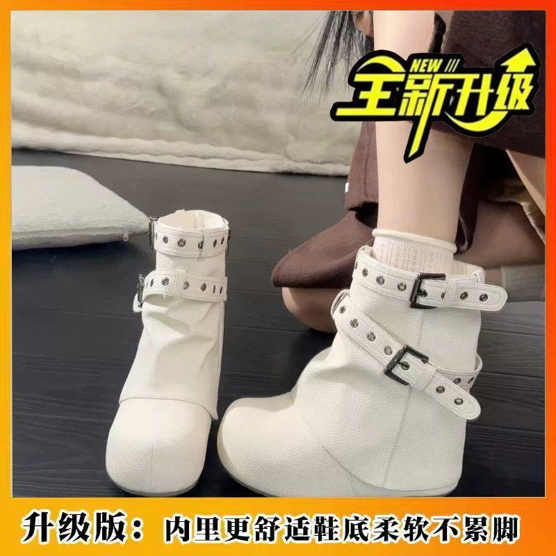 Mori stacked heightening JK belt buckle boots new thin round head with skirt versatile Birkenstock short boots women