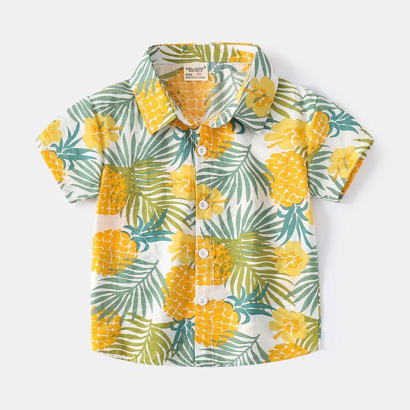 Children s Summer Hawaiian Short-Sleeved Floral Shirt for Boys, Vacation Beach Half-Sleeved Shirt for Young Children, Children s Collared Top Yellow Pineapple 110
