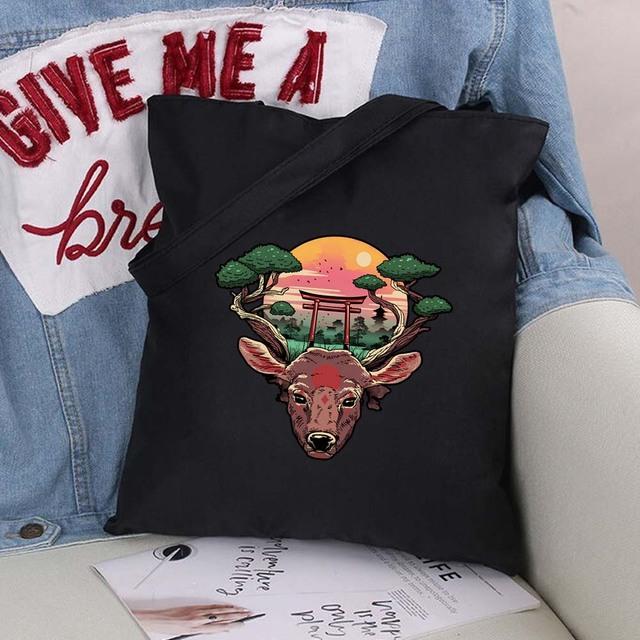 Women Shopping Bags Cute Cartoons Pattern Series Eco Shopper Shoulder Bag Fashion Black Printing Folding Handbag Canvas Tote Bag