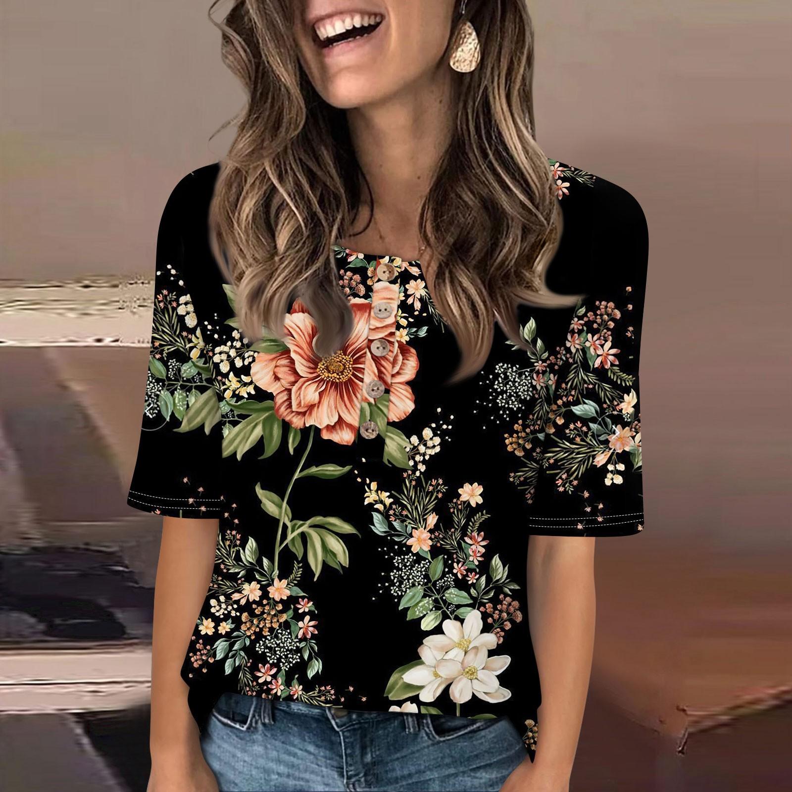 Женский свободный повседневный топ с круглым вырезом и пуговицами с коротким рукавом — фото 3