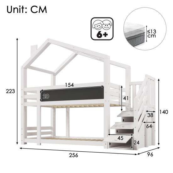 Children Bed Tree House with Storage Stairs, Loft Bed with Higher Safety Handrails, 90x200 Storage Bed Without Mattress, Kids Double-layer