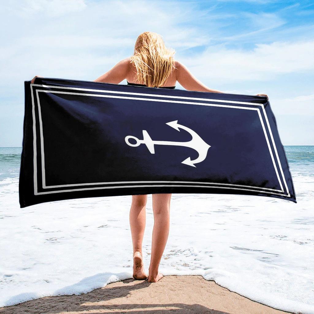 Navy White Anchor Large Quick-Drying Beach Towel, Polyester Sand Sun Protection for Surfing Swimming