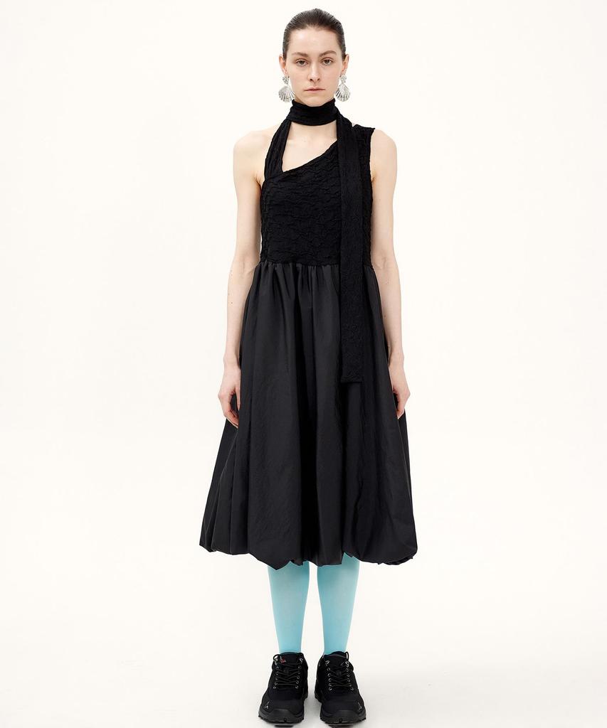 Kime Textured Scarf Balloon Dress (Black)
