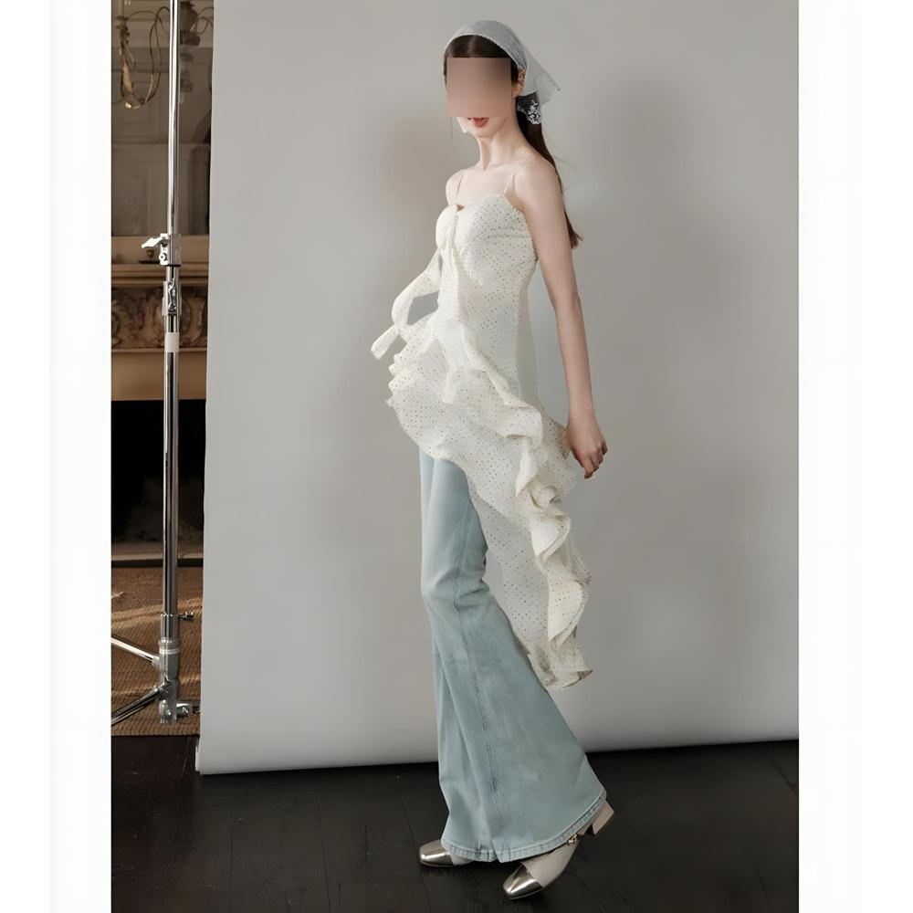 Irregular ruffle edge dress temperament floral suspender skirt women's summer casual new niche