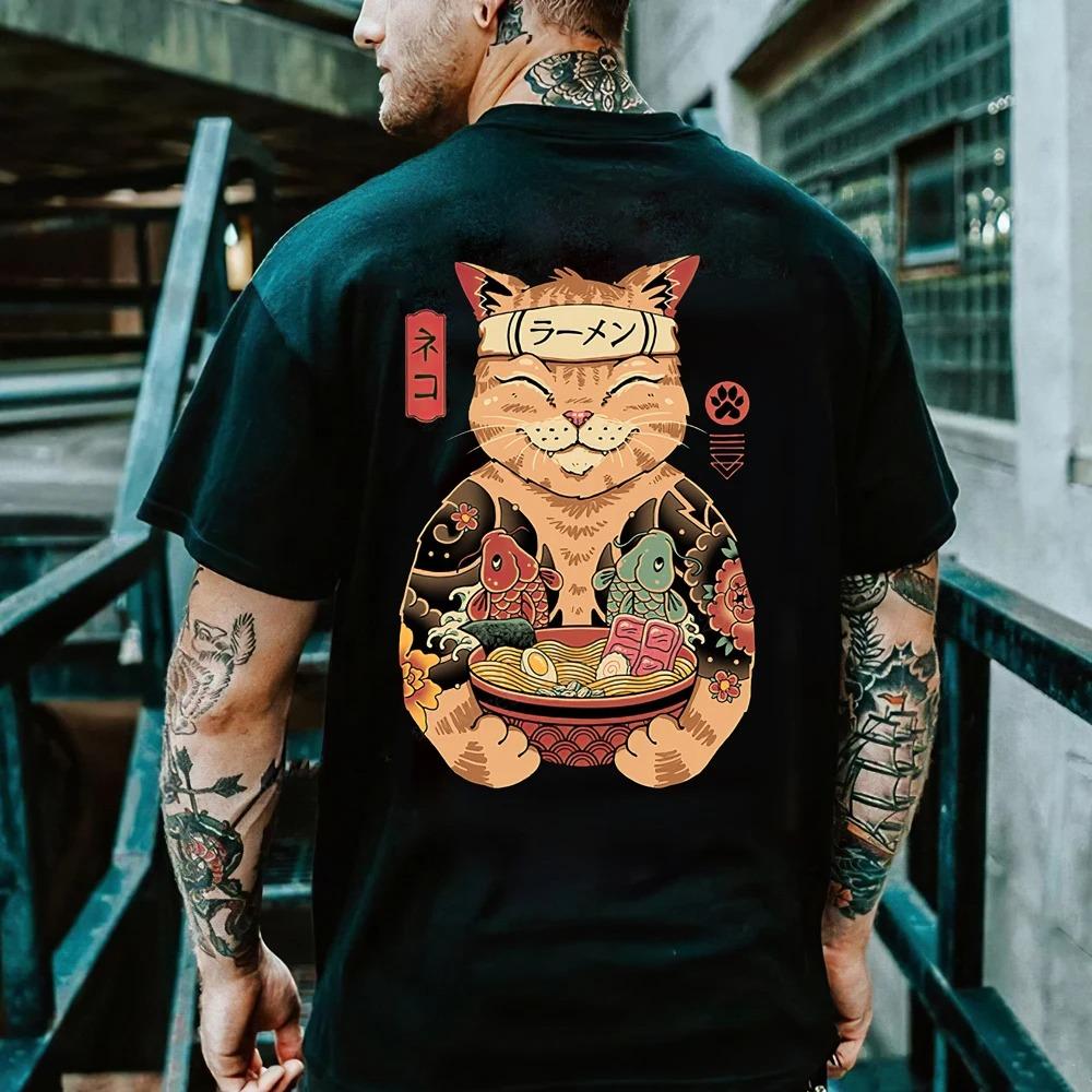 Cartoon Anime Clothes  Cat Printed T Shirt for Men Outdoor Hip Hop Harajuku Vintage Casual O-neck Loose Short Sleeve Tees