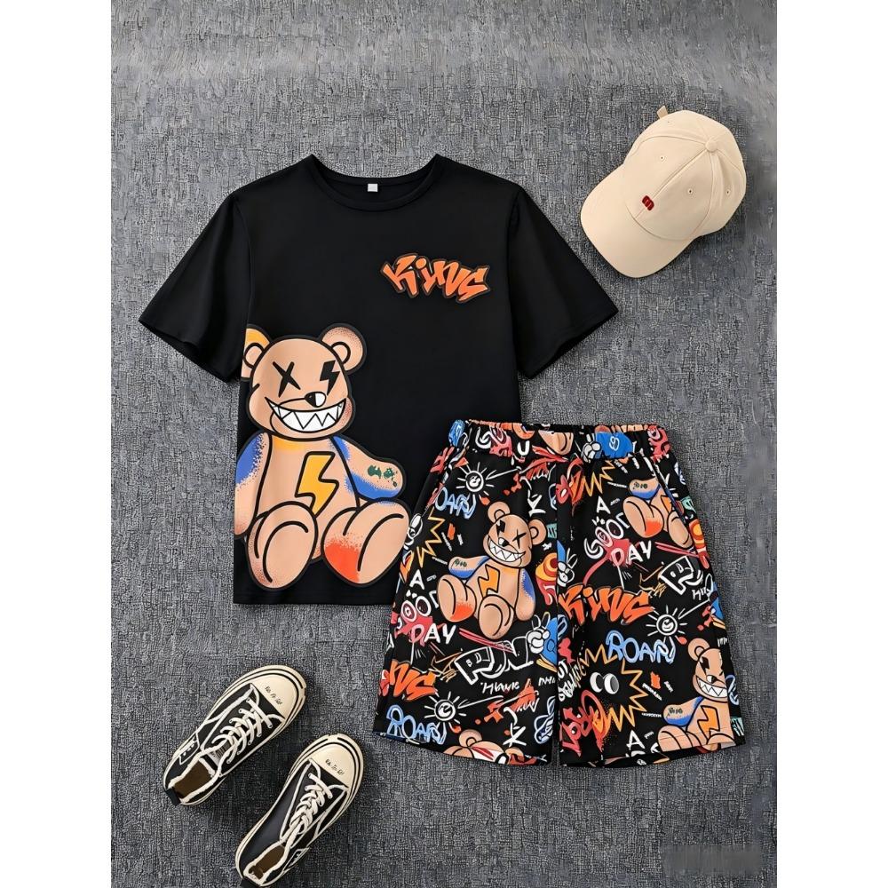 Children s Summer Teddy Bear Graffiti Printed Round Neck Set 150