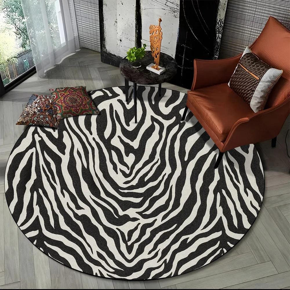 3D Barevný Pruhovaný Vzor Zebra Kulatý Koberec pro Obývací Pokoj, Ložnici, Dětský Herní Koutek Dekor, Protiskluzová Podložka do Zóny pro Domácí Mazlíčky