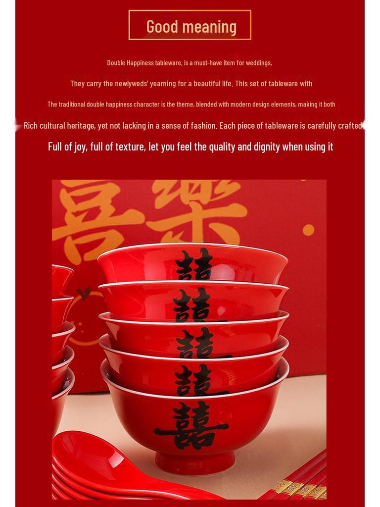 Red Double Happiness Ceramic Tableware Set: Wedding Bowl, Spoon, and Chopsticks Gift