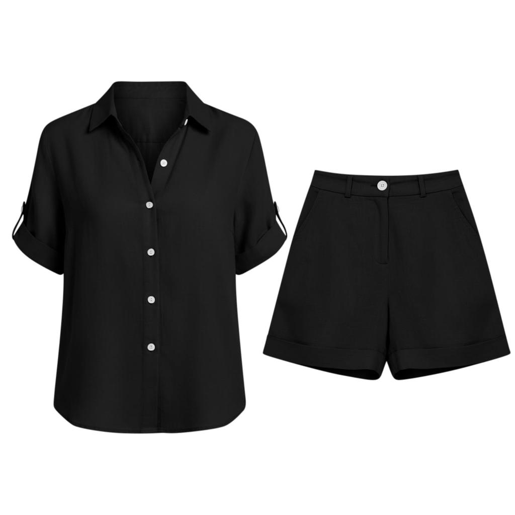 Women Button Down Shirt and Shorts Set Casual Loose Fit Lapel Collar Two Piece Outfit with Rolled Sleeves and Pockets