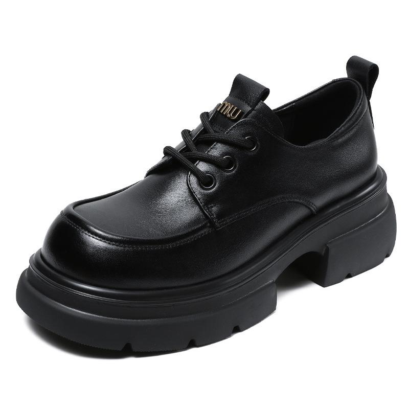 Johnature Thick Soled Genuine Leather Women's Shoes Versatile Lace Up British Style Height Increasing Pumps